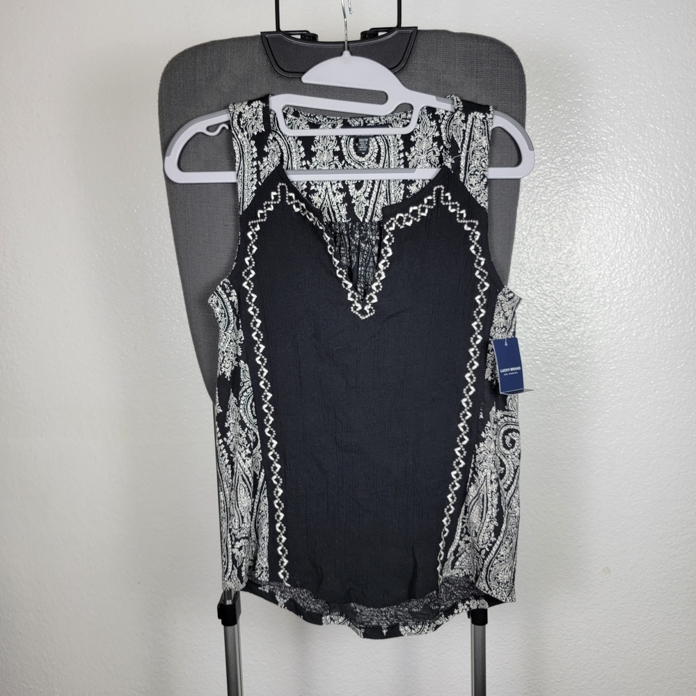 Lucky Brand Navy Blue Embroidered Boho Peasant Paisley Blouse Women's Size XS